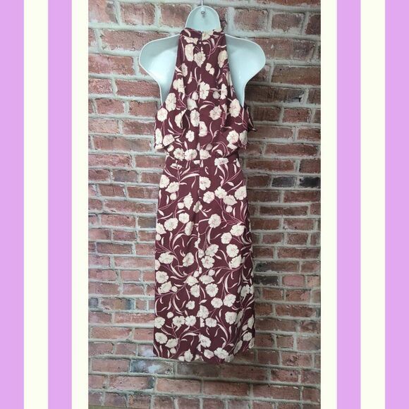 Lauren Conrad Runway Dress 4 | Maroon Floral Halter Neck Midi Coquette Chic - Picture 2 of 7